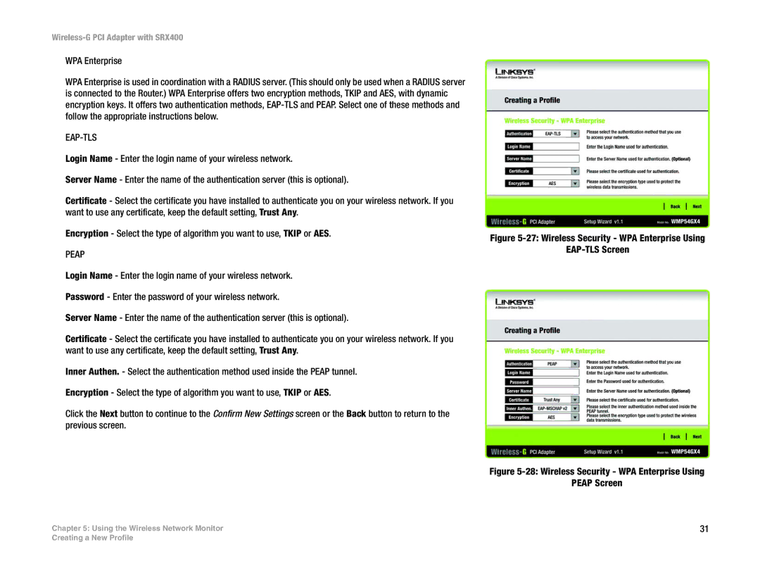 Linksys WMP54GX4 manual Wireless Security WPA Enterprise Using EAP-TLS Screen 