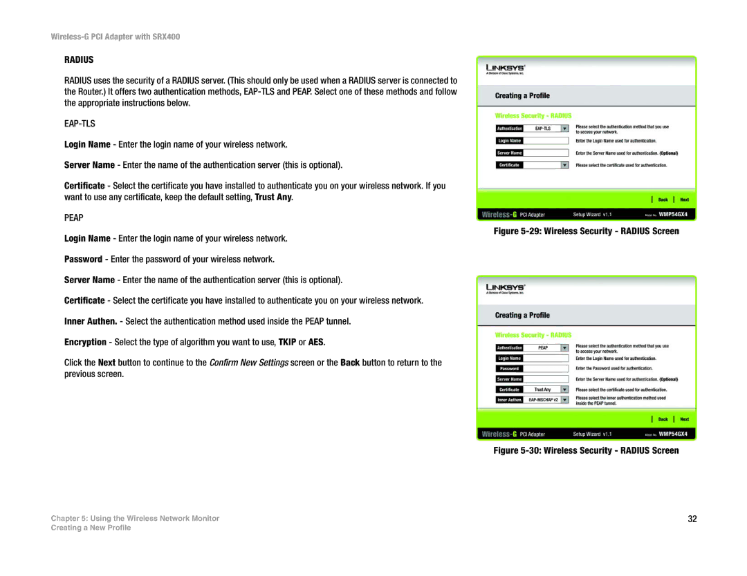 Linksys WMP54GX4 manual Wireless Security Radius Screen 