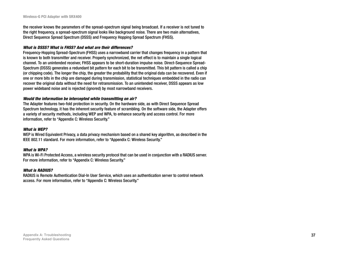 Linksys WMP54GX4 What is DSSS? What is FHSS? And what are their differences?, What is WEP?, What is WPA?, What is RADIUS? 