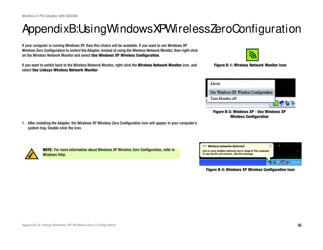 Linksys WMP54GX4 manual AppendixBUsingWindowsXPWirelessZeroConfiguration, Figure B-1 Wireless Network Monitor Icon 