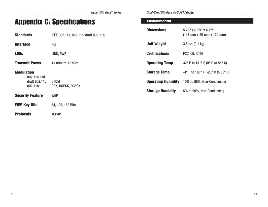 Linksys WMP55AG manual Appendix C Specifications, Environmental 