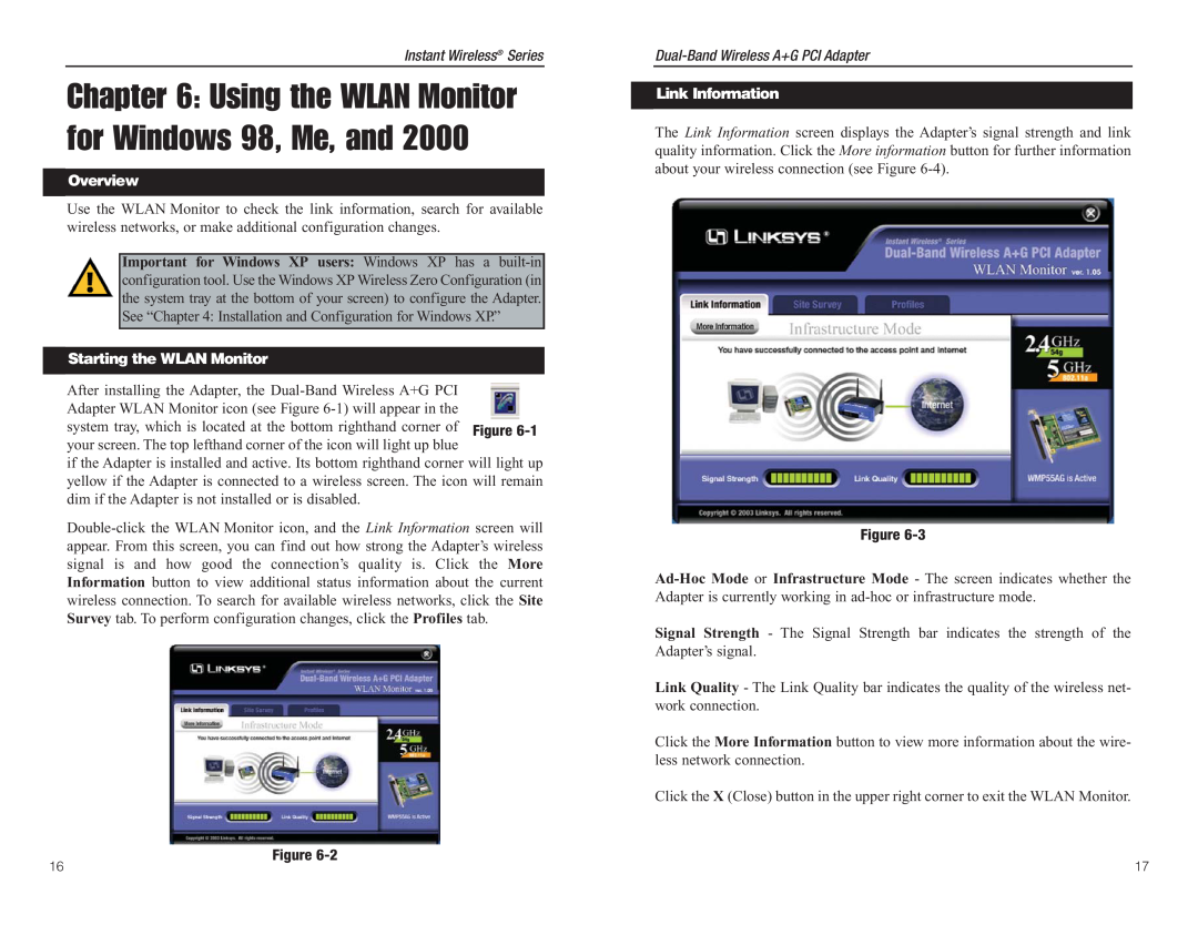 Linksys WMP55AG manual Using the WLAN Monitor for Windows 98, Me, and, Instant Wireless Series, Overview, Link Information 