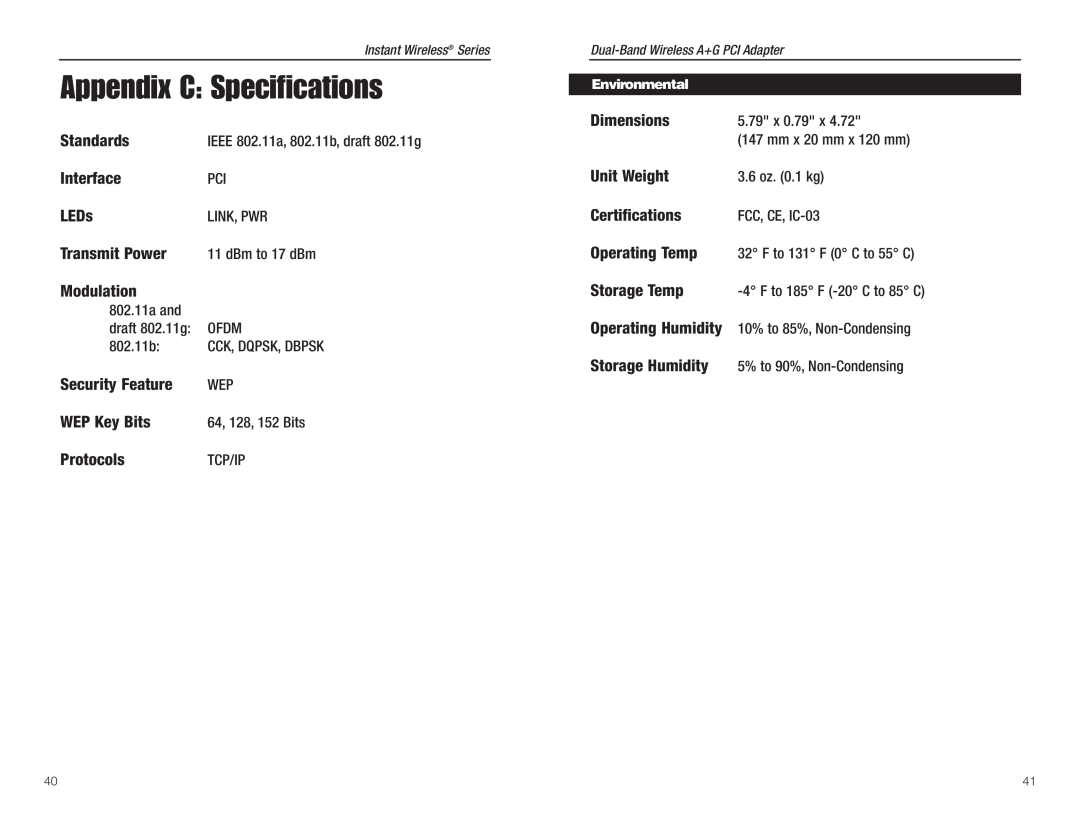 Linksys WMP55AG manual Appendix C Specifications 