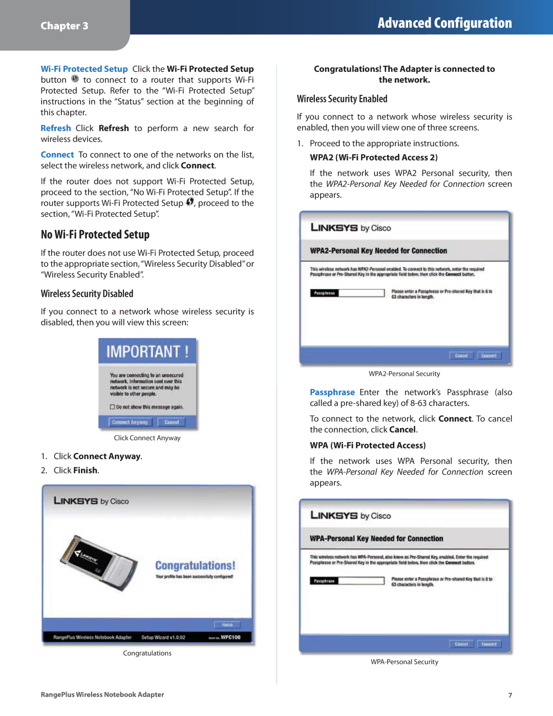 Linksys WPC100 manual No Wi-Fi Protected Setup, Wireless Security Disabled, Wireless Security Enabled 