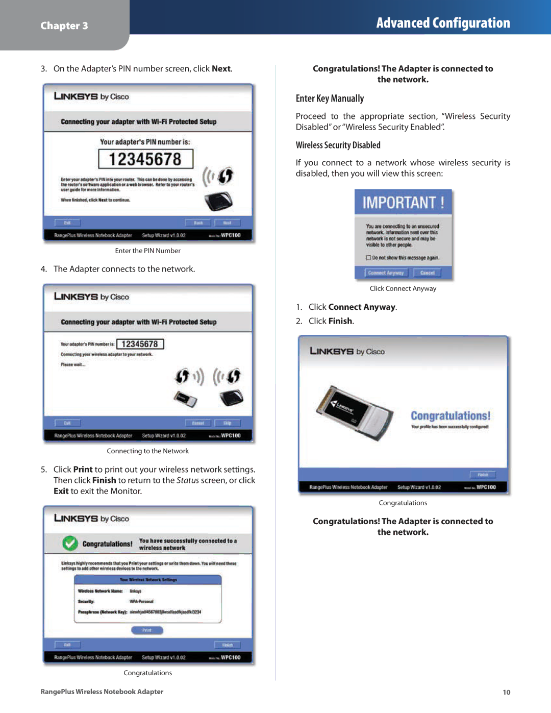 Linksys WPC100 manual Enter Key Manually, Wireless Security Disabled 