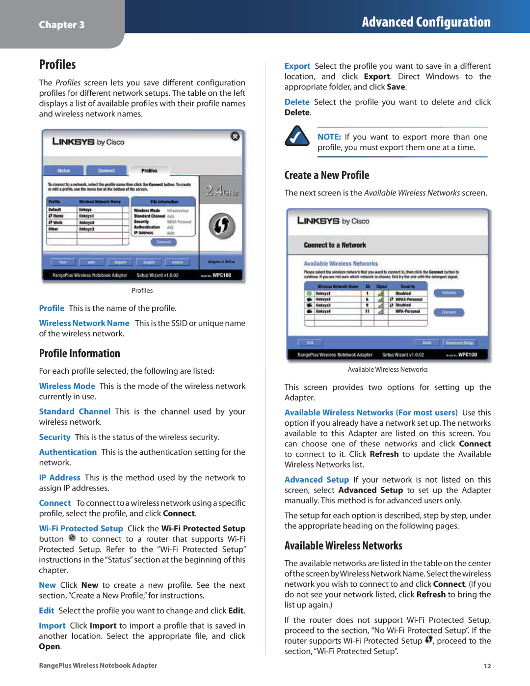 Linksys WPC100 manual Profiles, Profile Information, Create a New Profile, Available Wireless Networks 