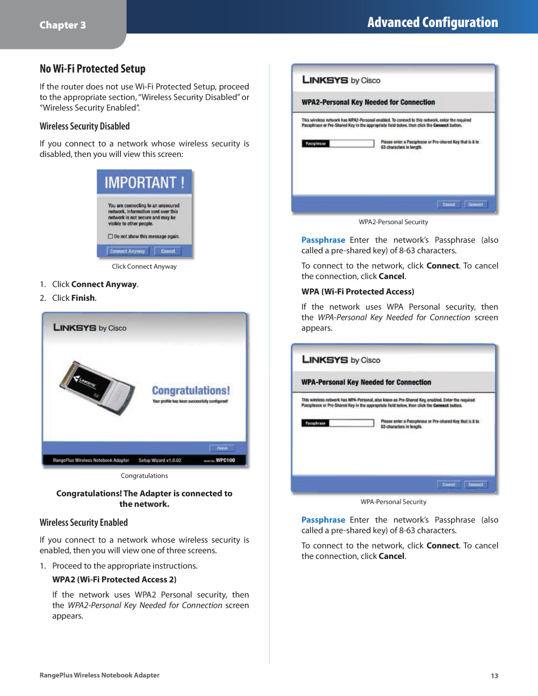 Linksys WPC100 manual No Wi-Fi Protected Setup 