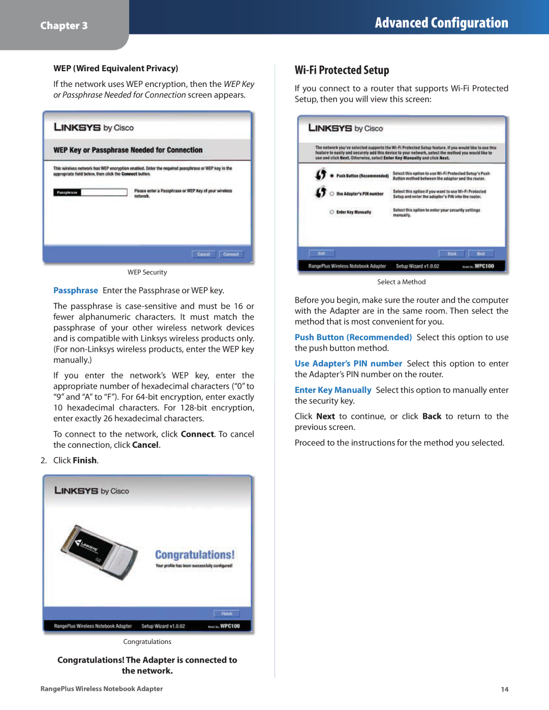 Linksys WPC100 manual Wi-Fi Protected Setup 