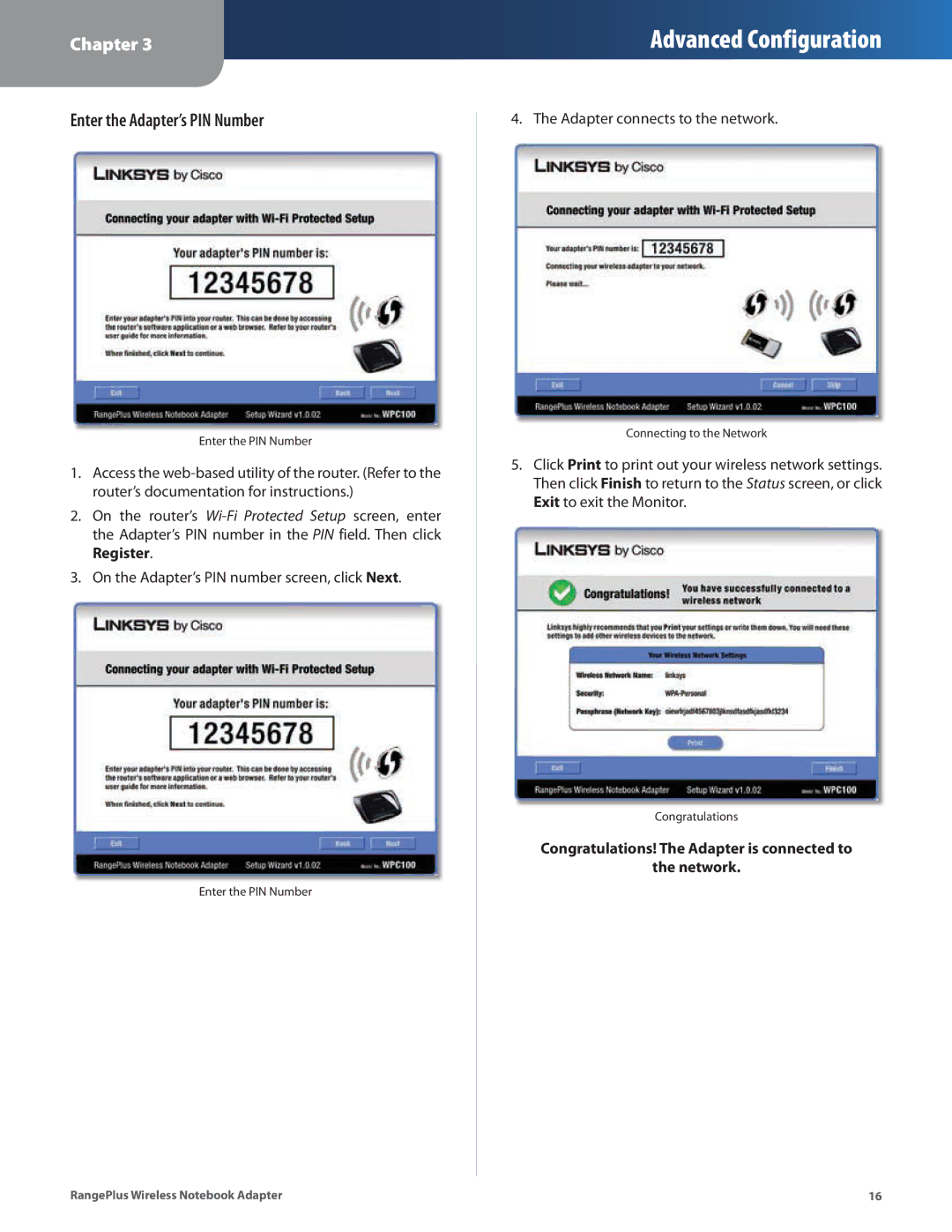 Linksys WPC100 manual Enter the Adapter’s PIN Number 