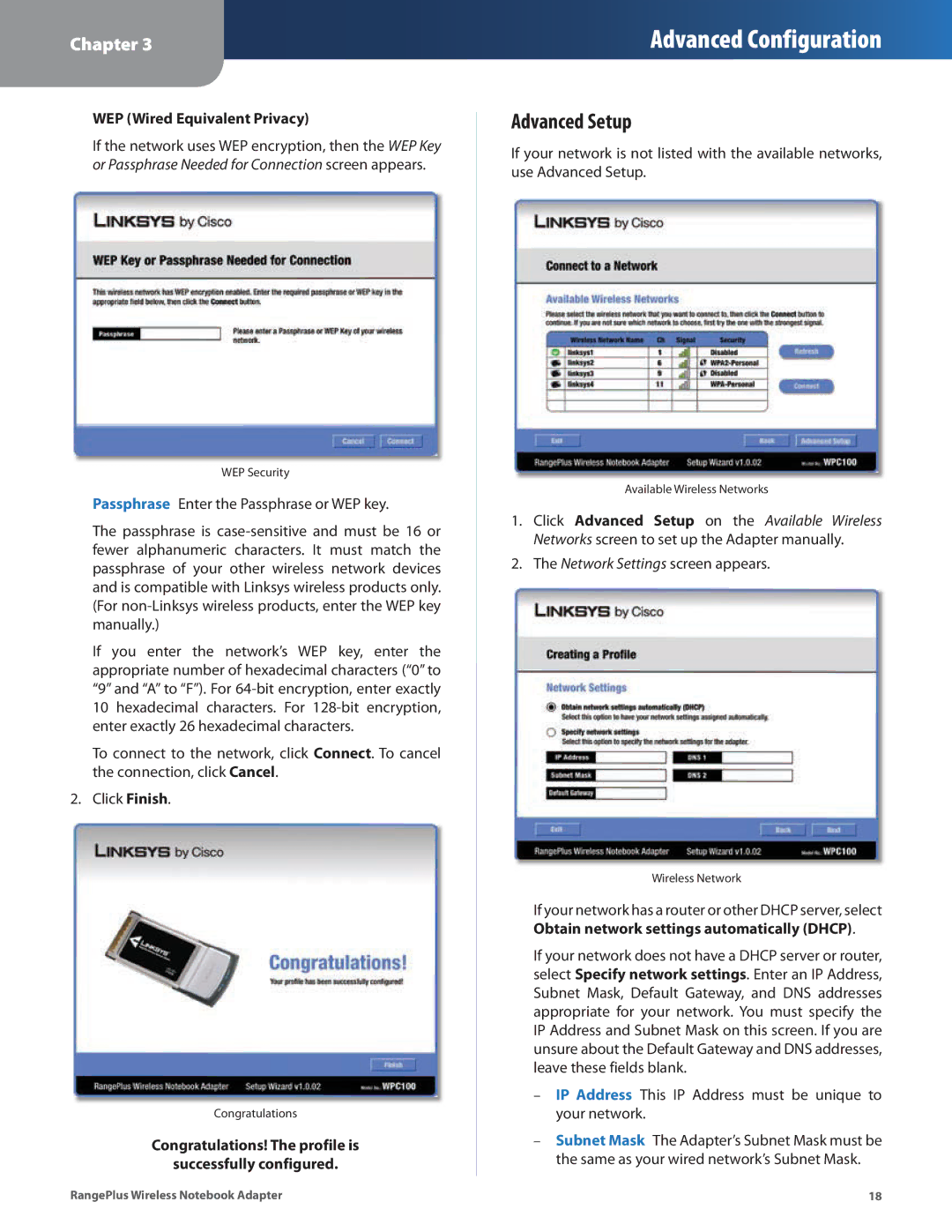 Linksys WPC100 manual Advanced Setup, Network Settings screen appears 