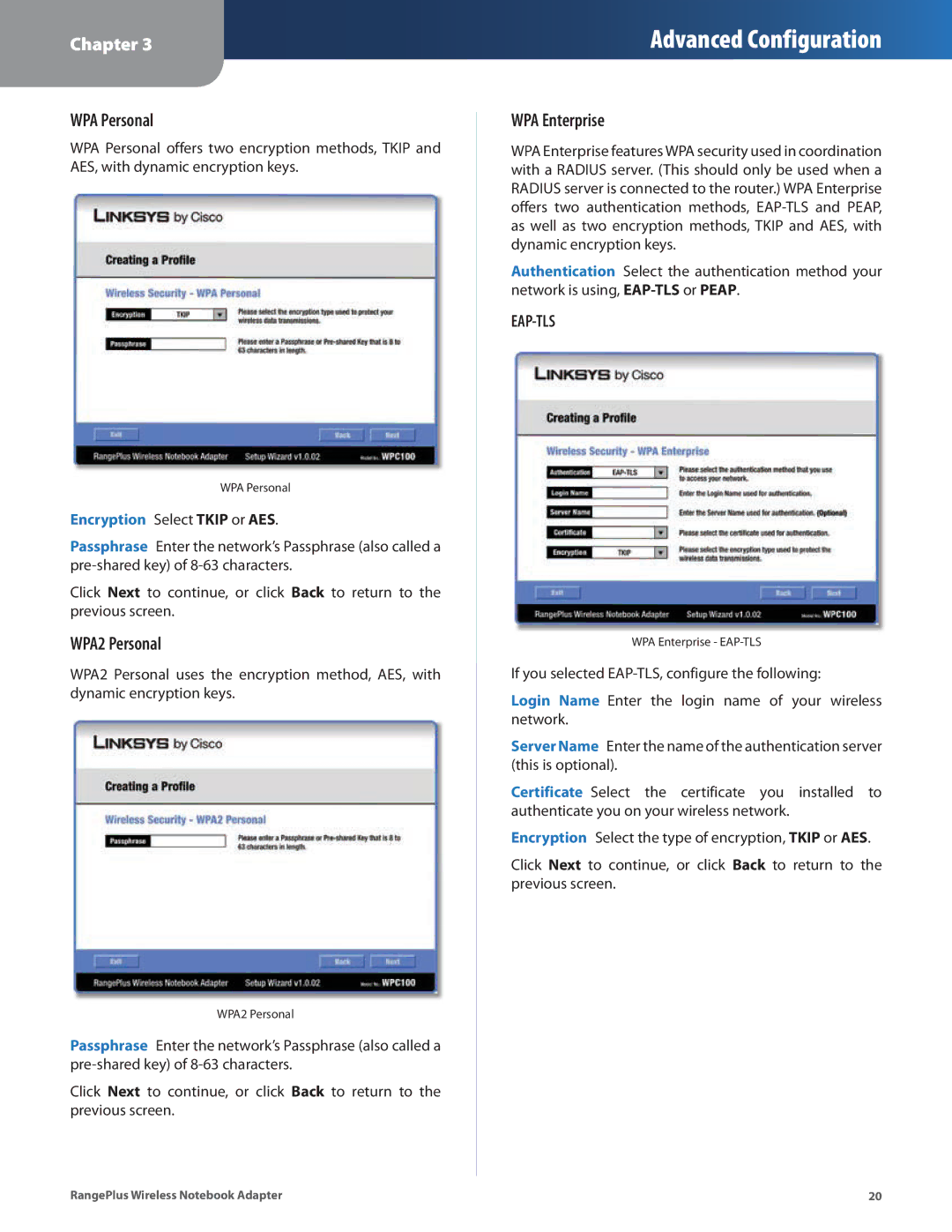 Linksys WPC100 manual WPA Personal, WPA2 Personal, WPA Enterprise 