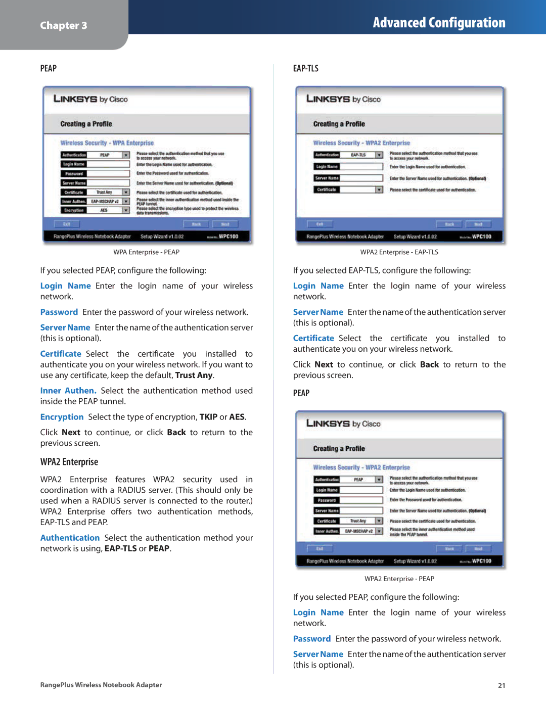 Linksys WPC100 manual WPA2 Enterprise, Peap 