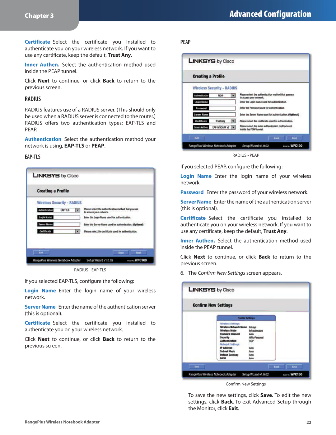 Linksys WPC100 manual Radius 