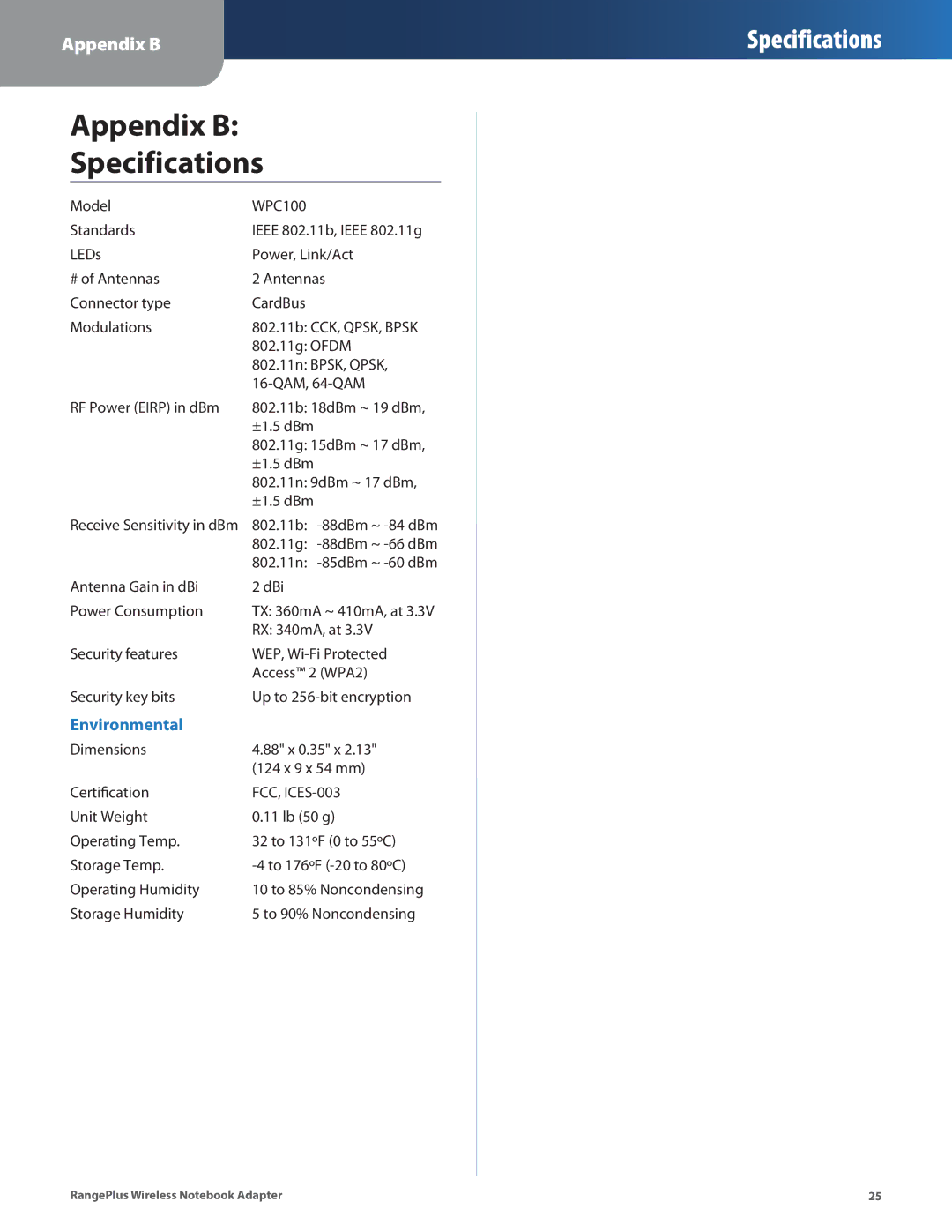 Linksys WPC100 manual Appendix B Specifications, Environmental 