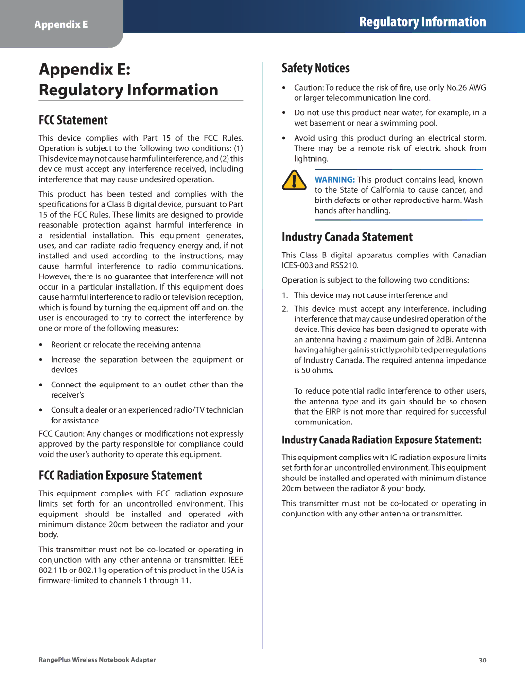 Linksys WPC100 manual FCC Statement, FCC Radiation Exposure Statement, Safety Notices, Industry Canada Statement 