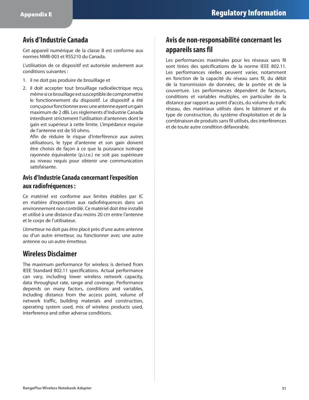 Linksys WPC100 manual Avis d’Industrie Canada, Wireless Disclaimer 