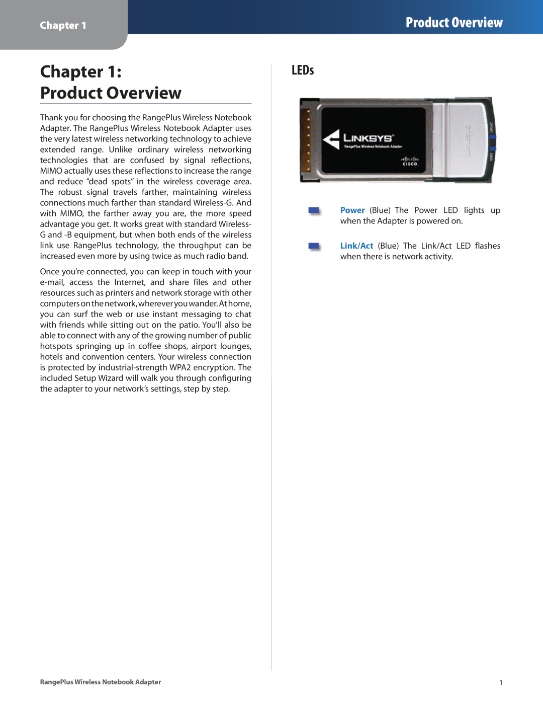 Linksys WPC100 manual Chapter Product Overview, LEDs 