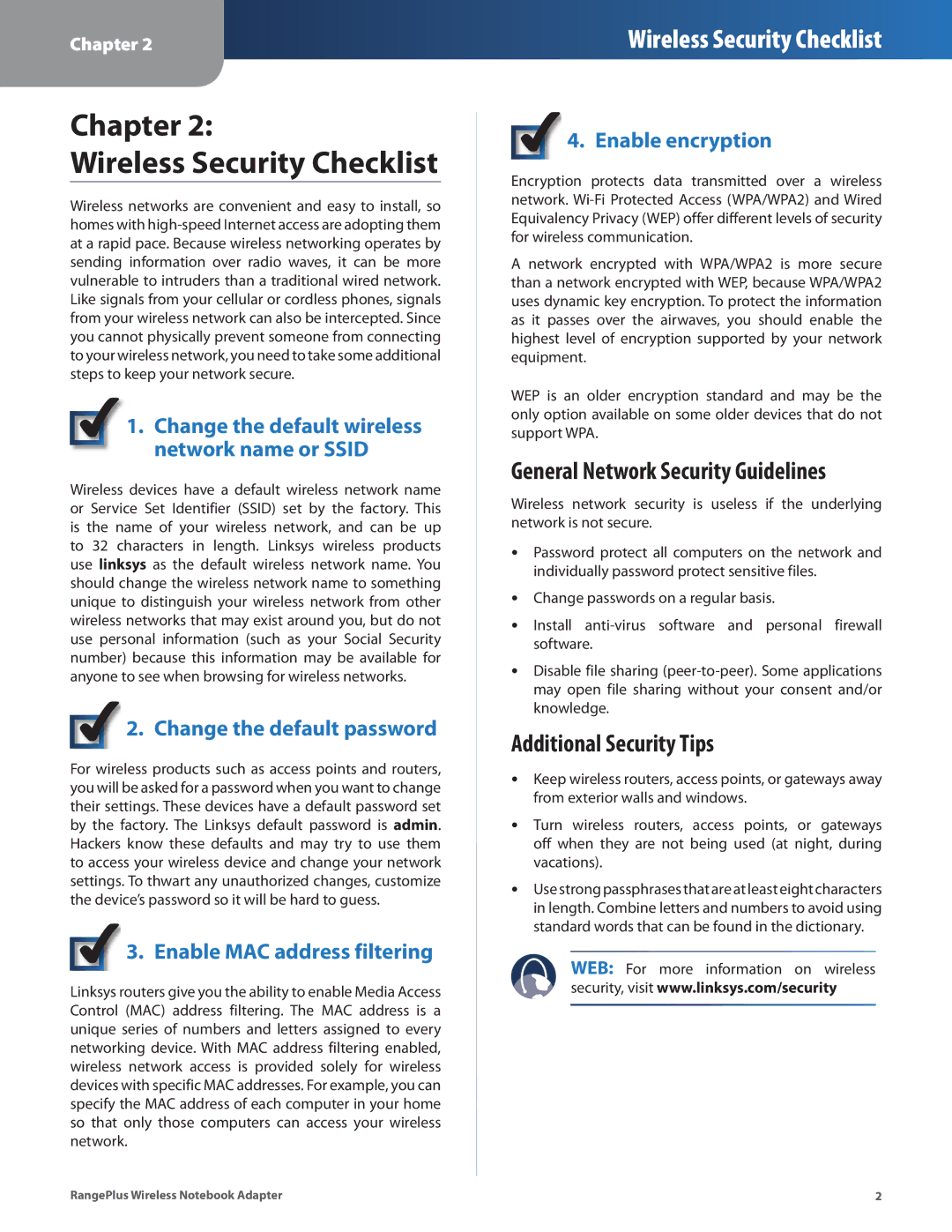 Linksys WPC100 manual Chapter Wireless Security Checklist, General Network Security Guidelines, Additional Security Tips 