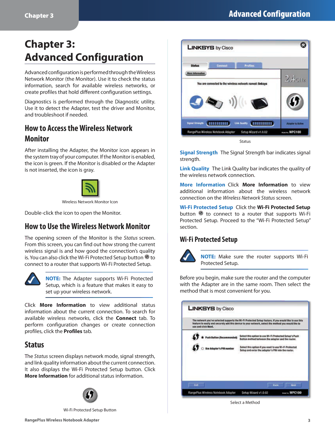 Linksys WPC100 Chapter Advanced Configuration, How to Access the Wireless Network Monitor, Status, Wi-Fi Protected Setup 