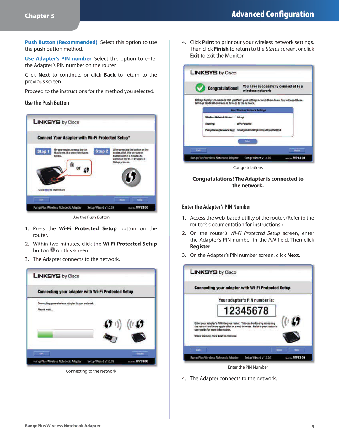 Linksys WPC100 manual Use the Push Button, Enter the Adapter’s PIN Number 