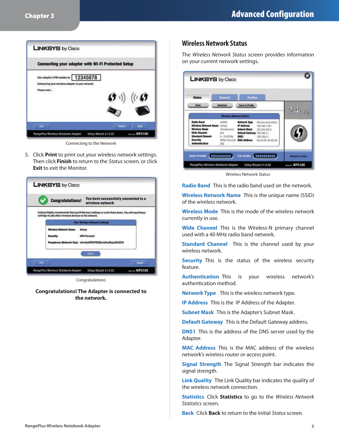 Linksys WPC100 manual Wireless Network Status 