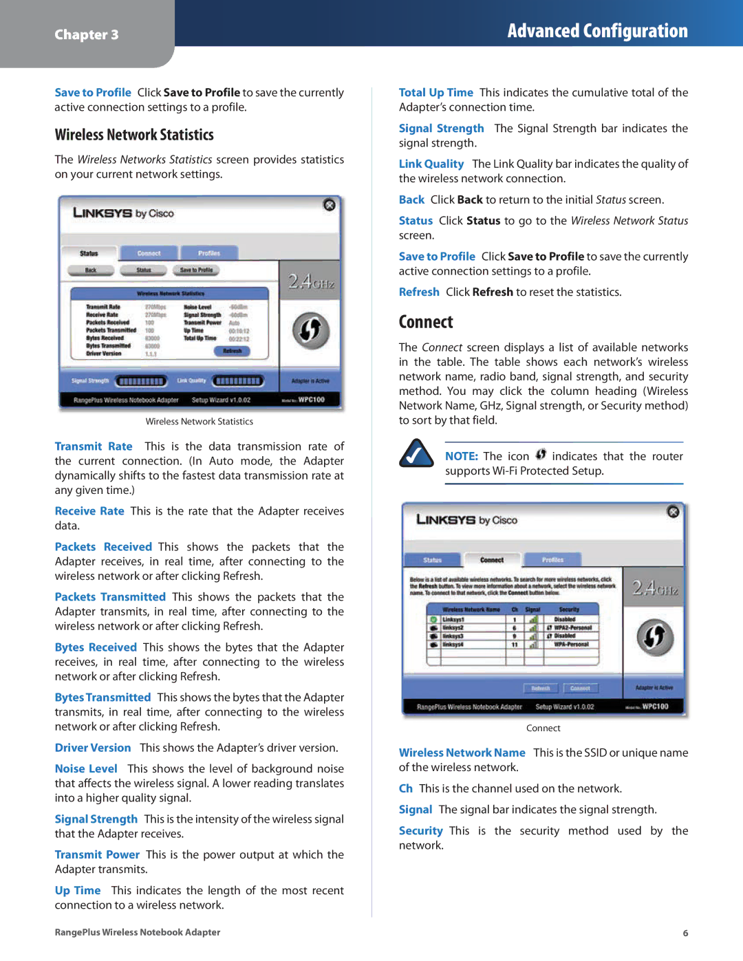 Linksys WPC100 manual Connect, Wireless Network Statistics 