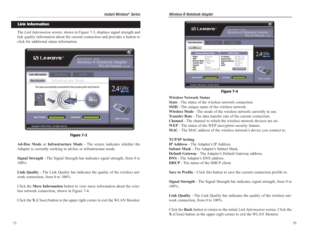 Linksys WPC11 manual Link Information, Wireless Network Status, TCP/IP Setting 