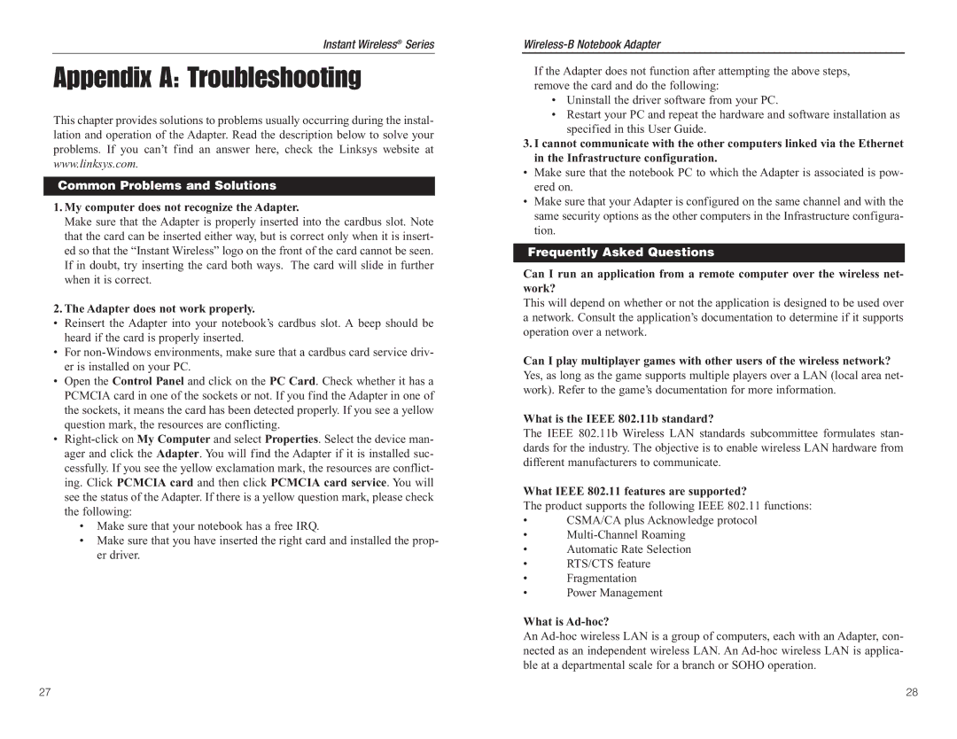 Linksys WPC11 manual Appendix a Troubleshooting, Common Problems and Solutions, Frequently Asked Questions 