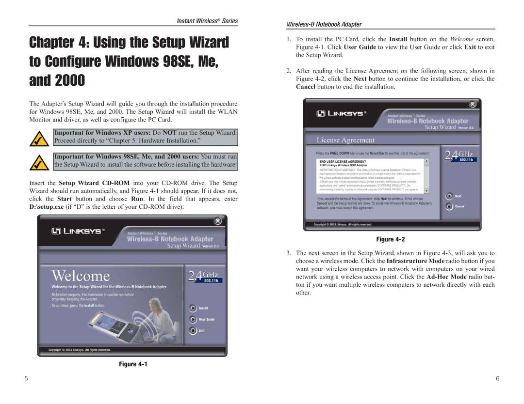 Linksys WPC11 manual Using the Setup Wizard to Configure Windows 98SE, Me 