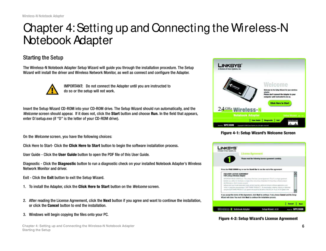 Linksys WPC300N manual Setting up and Connecting the Wireless-N Notebook Adapter, Starting the Setup 