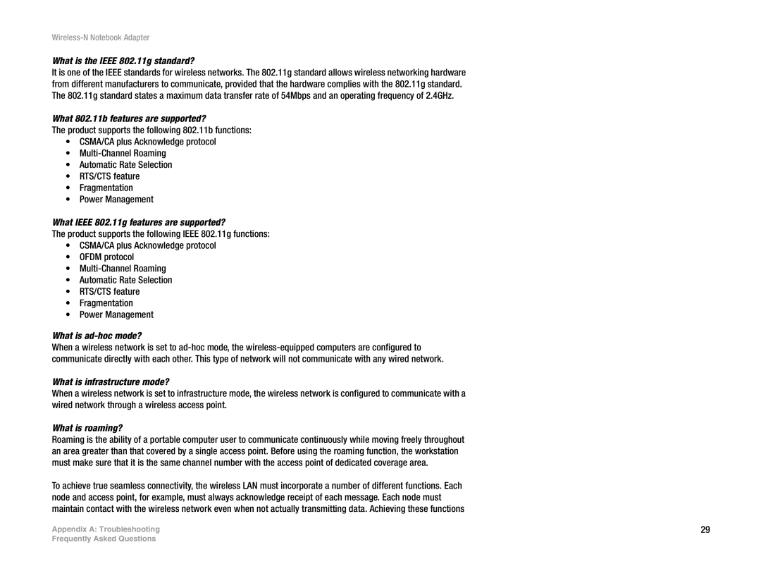 Linksys WPC300N manual What is the Ieee 802.11g standard?, What 802.11b features are supported?, What is ad-hoc mode? 