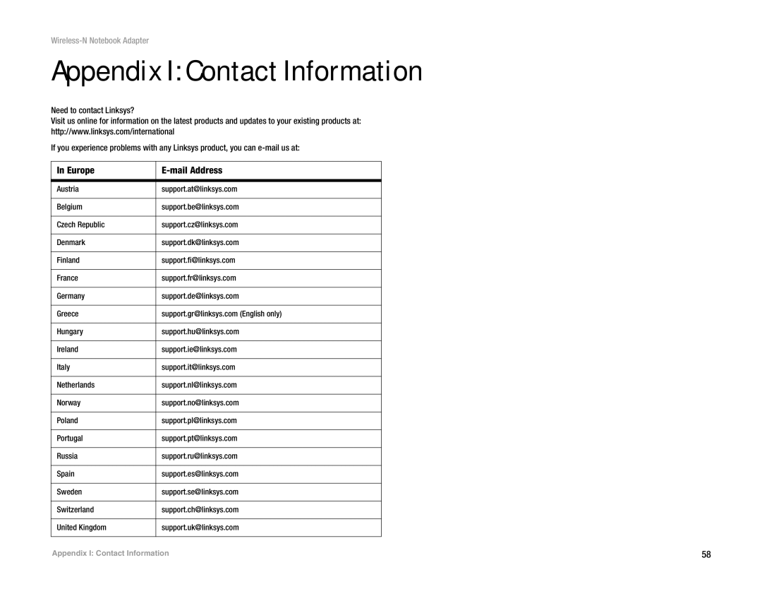 Linksys WPC300N manual Appendix I Contact Information, Europe Mail Address 