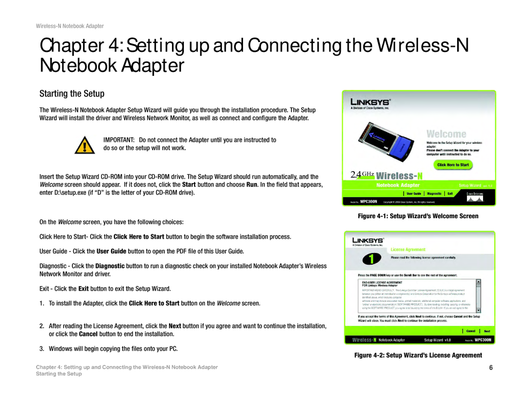 Linksys WPC300N manual Setting up and Connecting the Wireless-N Notebook Adapter, Starting the Setup 