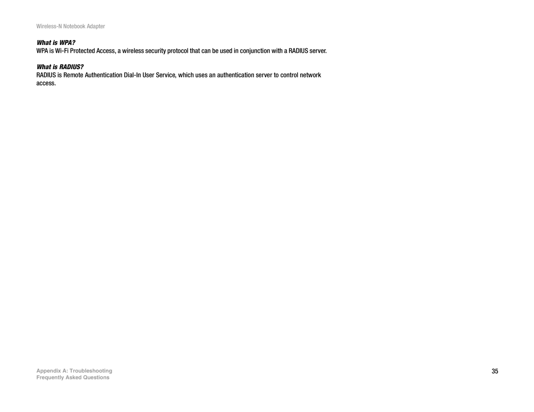 Linksys WPC300N manual What is WPA?, What is RADIUS? 