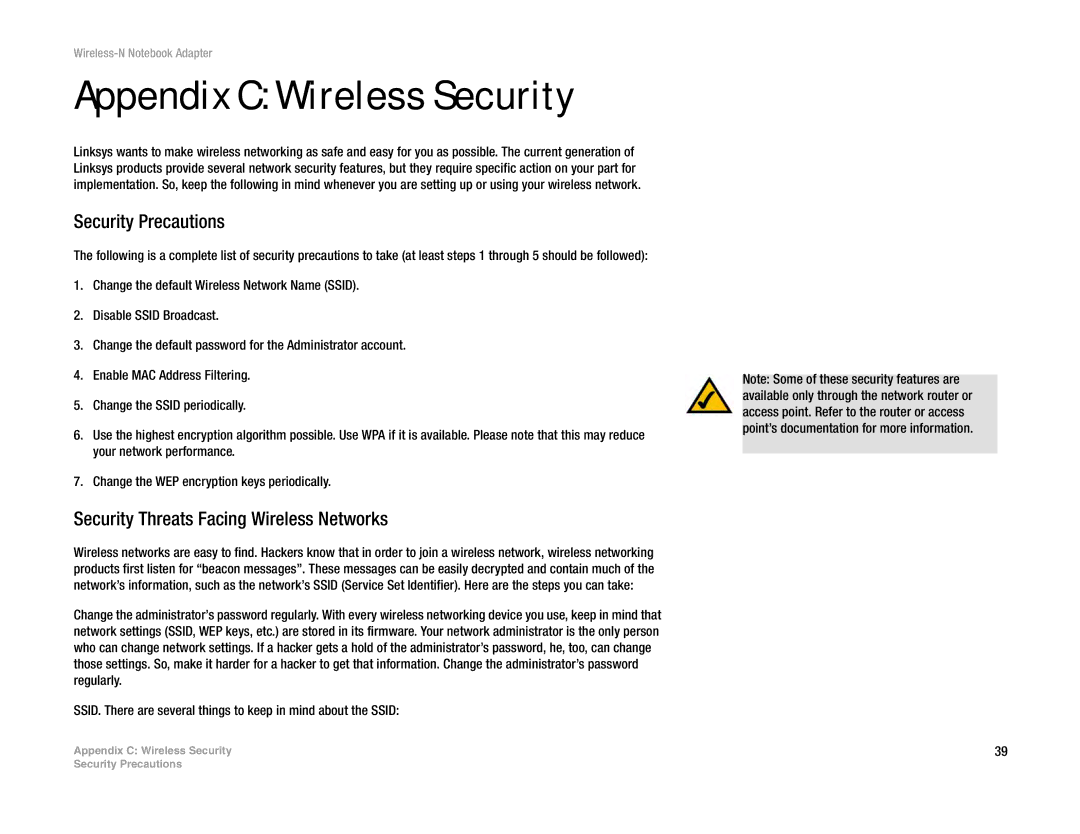 Linksys WPC300N manual Appendix C Wireless Security, Security Precautions, Security Threats Facing Wireless Networks 