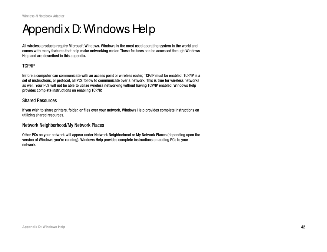 Linksys WPC300N manual Appendix D Windows Help, Tcp/Ip 
