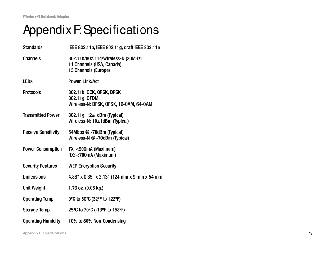 Linksys WPC300N manual Appendix F Specifications 