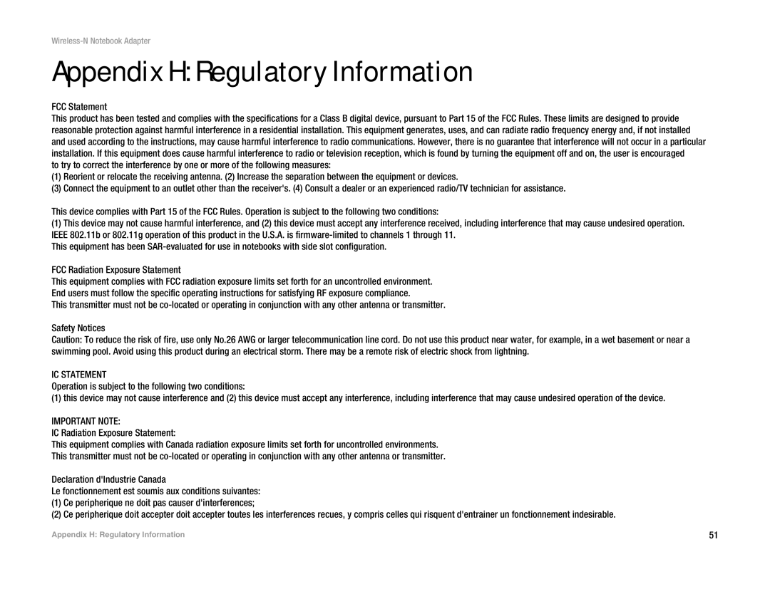 Linksys WPC300N manual Appendix H Regulatory Information, FCC Statement 