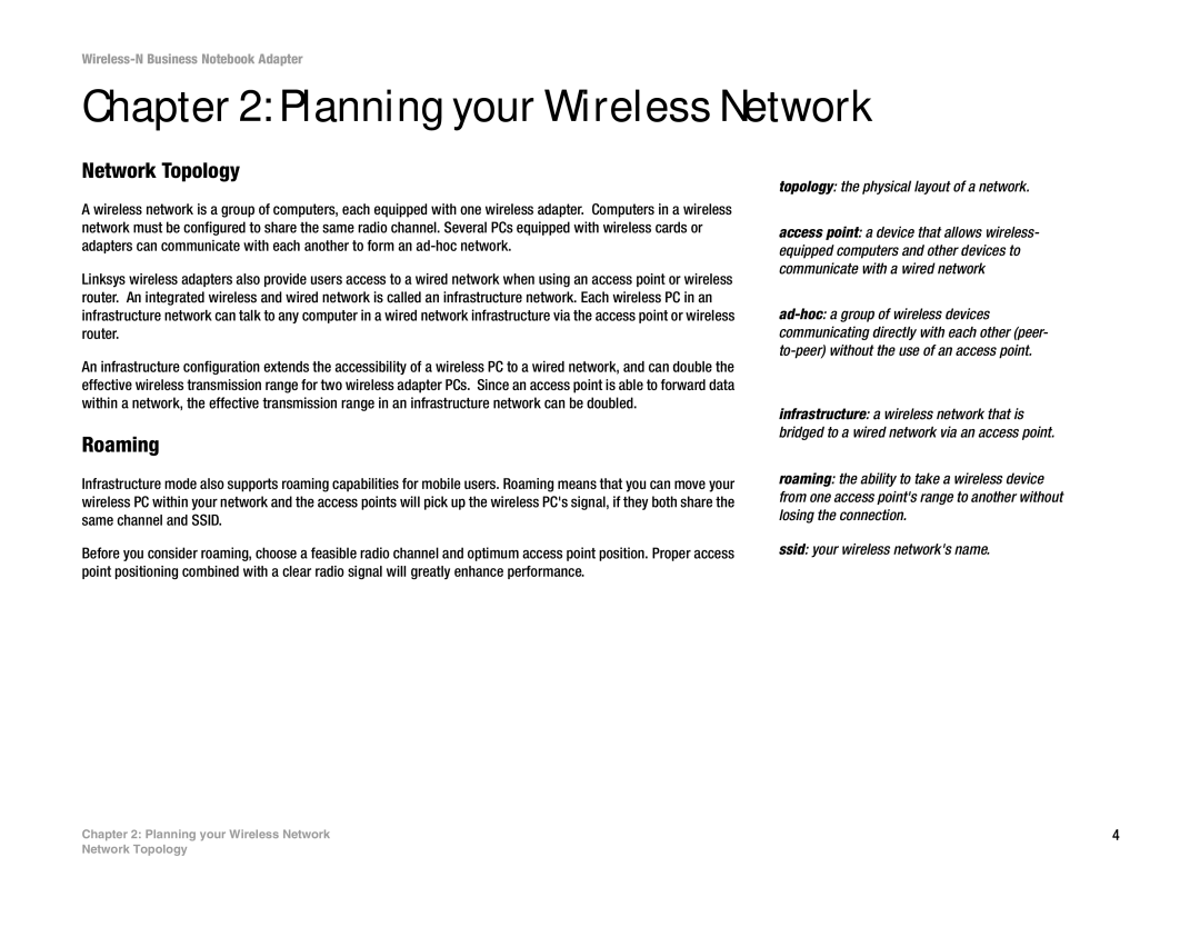 Linksys WPC4400N manual Planning your Wireless Network, Network Topology, Roaming 