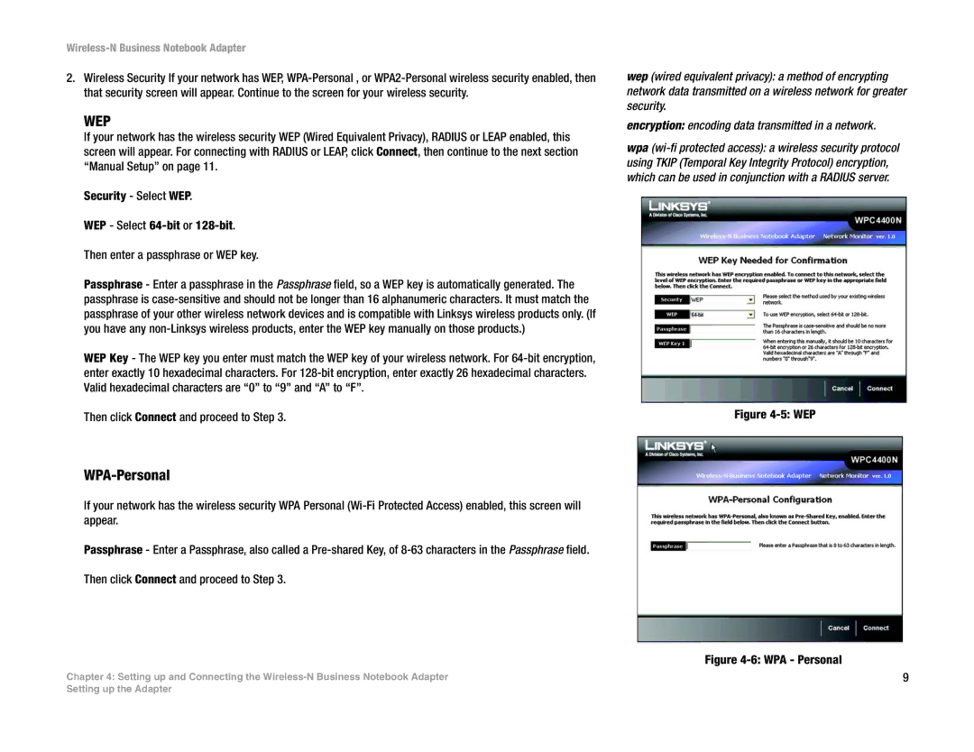 Linksys WPC4400N manual Wep, WPA-Personal 