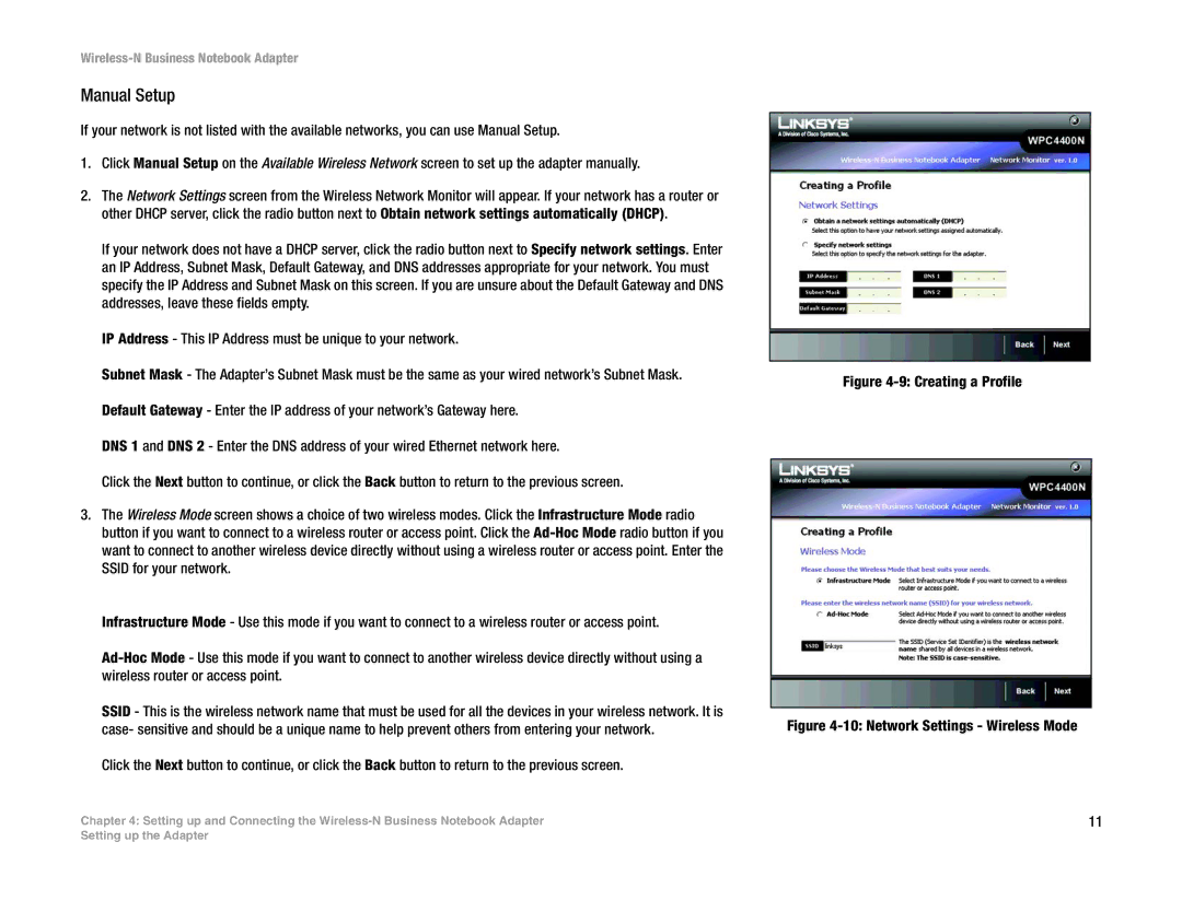 Linksys WPC4400N manual Manual Setup, Creating a Profile 