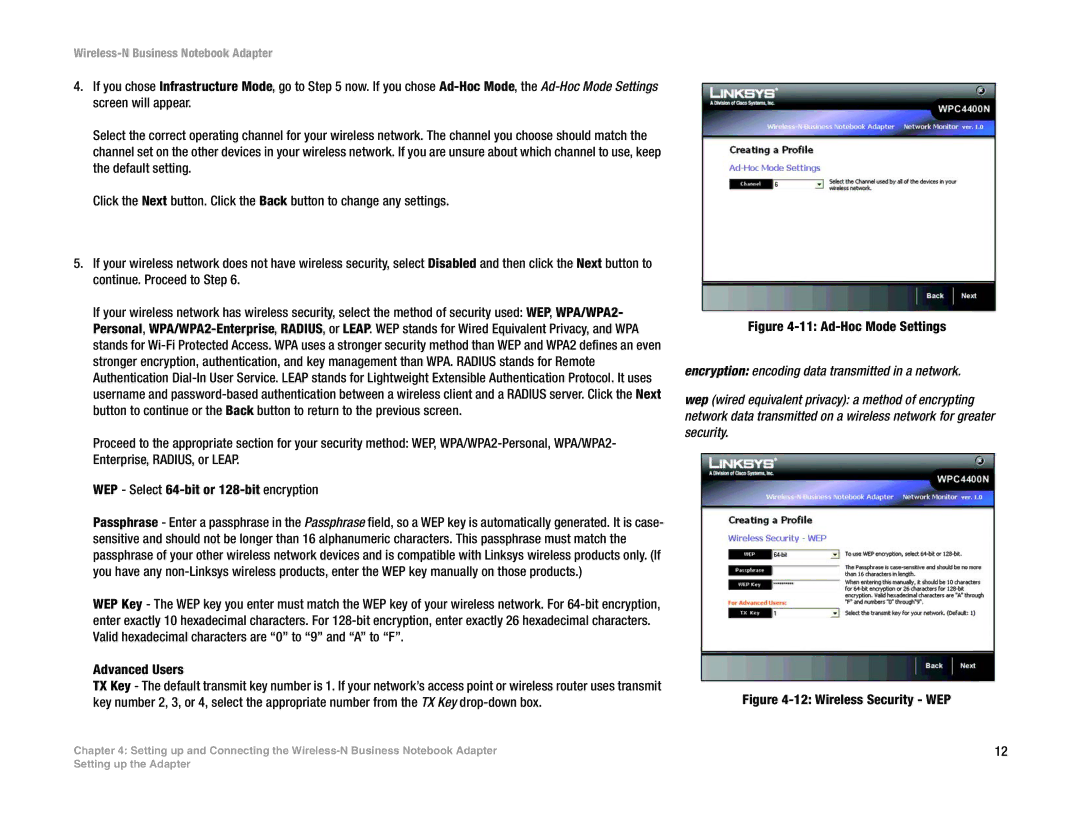 Linksys WPC4400N manual Ad-Hoc Mode Settings 