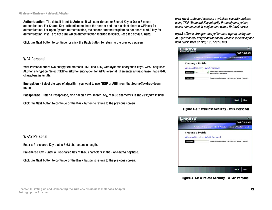 Linksys WPC4400N manual Wireless Security WPA Personal 
