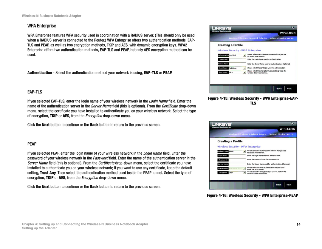 Linksys WPC4400N manual WPA Enterprise, Eap-Tls 