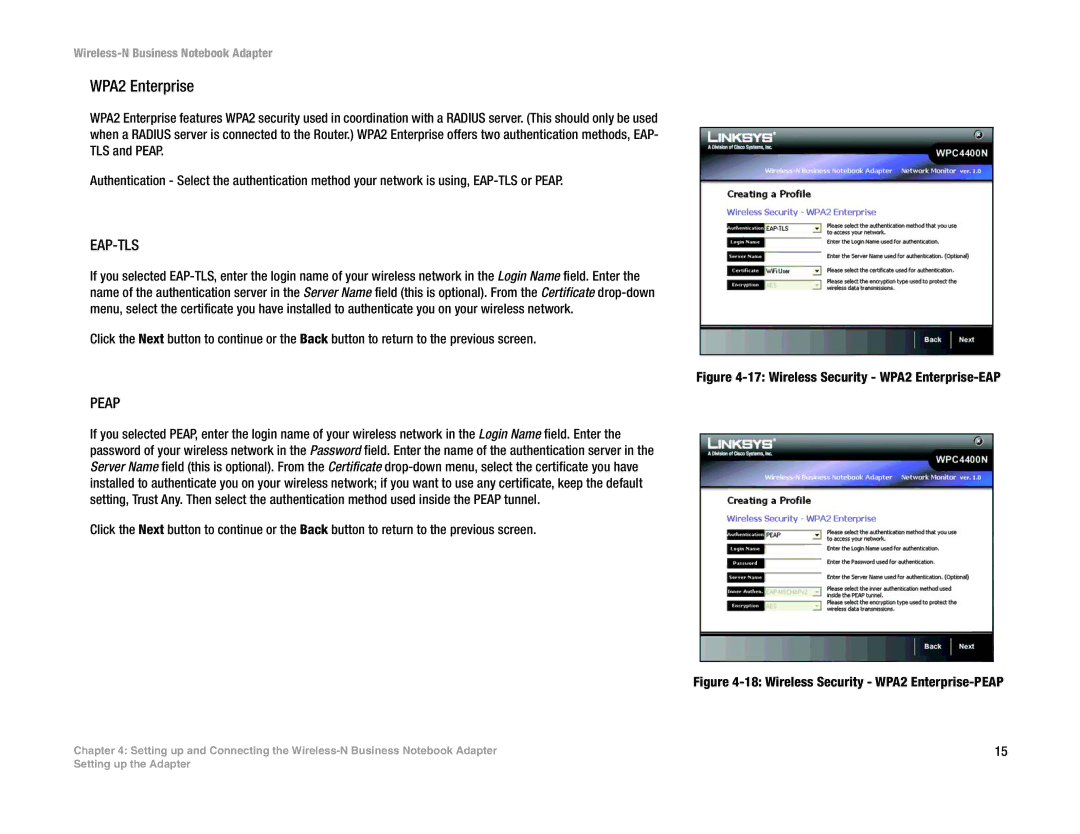 Linksys WPC4400N manual Wireless Security WPA2 Enterprise-EAP 