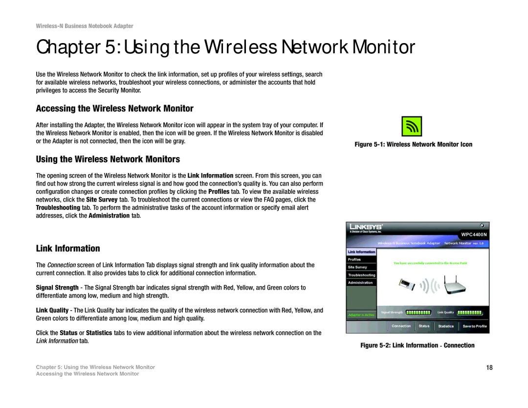 Linksys WPC4400N manual Using the Wireless Network Monitor, Accessing the Wireless Network Monitor, Link Information 