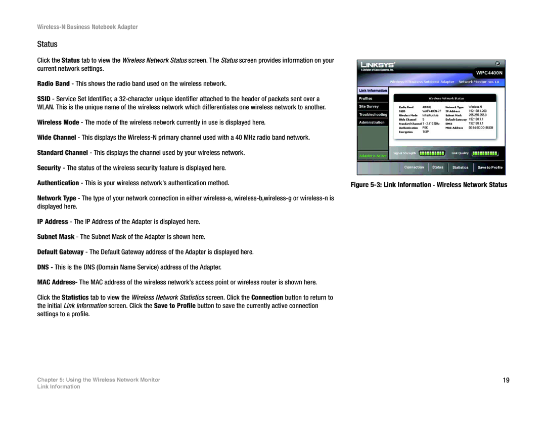Linksys WPC4400N manual Link Information Wireless Network Status 