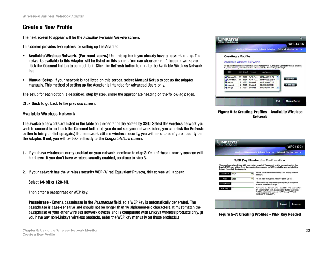 Linksys WPC4400N manual Create a New Profile, Creating Profiles Available Wireless Network 