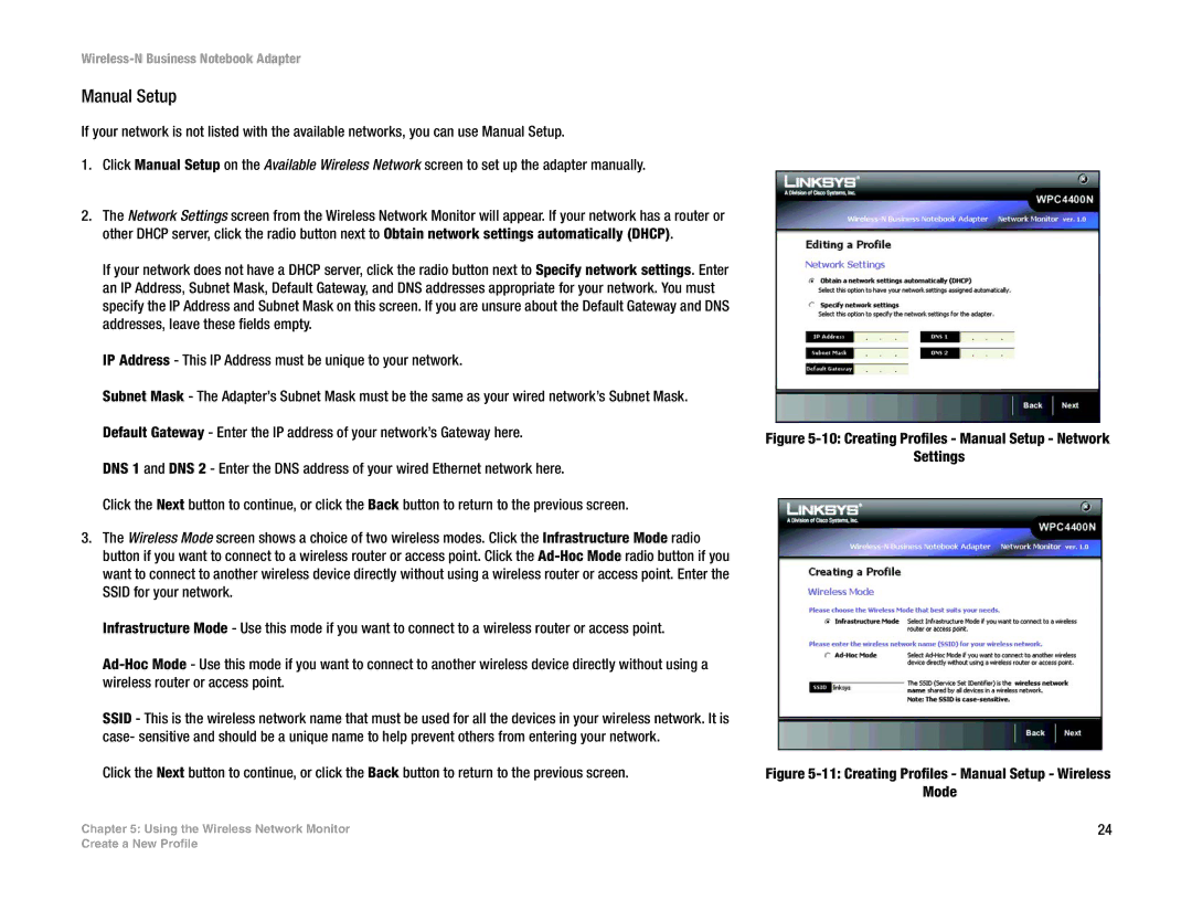 Linksys WPC4400N manual Creating Profiles Manual Setup Network Settings 