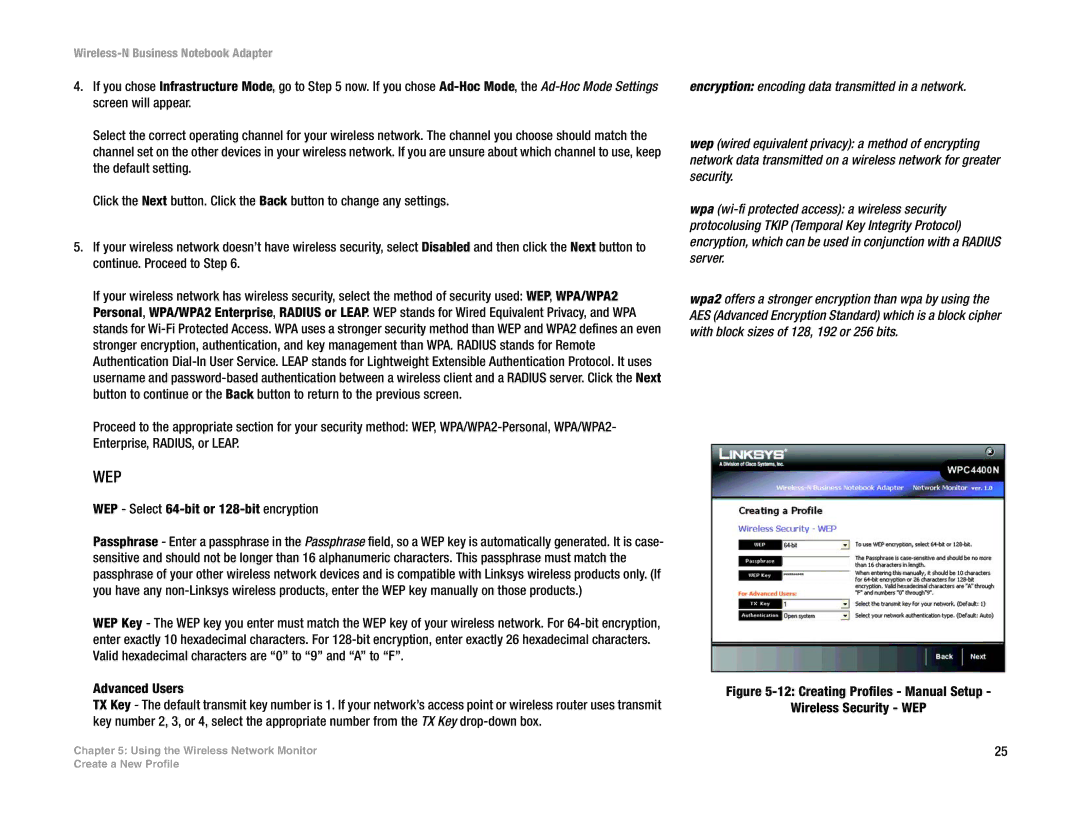 Linksys WPC4400N manual Creating Profiles Manual Setup Wireless Security WEP 